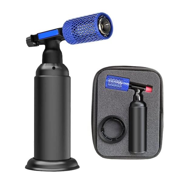 Stainless Steel Blue Refillable Butane Torch Lighter with Heat Shield and Adjustable Flame for Kitchen Use