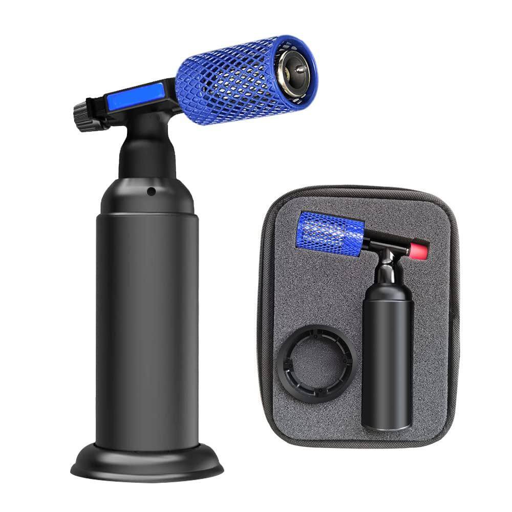 Stainless Steel Blue Refillable Butane Torch Lighter with Heat Shield and Adjustable Flame for Kitchen Use