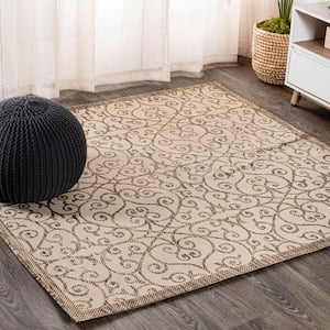 Madrid Beige/Brown 5 ft. Vintage Filigree Textured Weave Square Indoor/Outdoor Area Rug