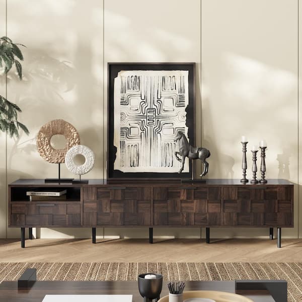 78 in. Walnut Modern TV Stand Fits TVs up to 85 in. with Storage Cabinets for Living Room