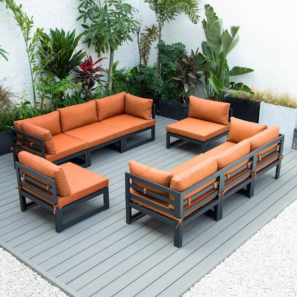 Leisuremod Chelsea Black 8-Piece Aluminum Outdoor Sectional with Orange Cushions