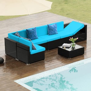 Black 7-Piece Wicker Outdoor Sectional Set with Coffee Table and Blue Cushions