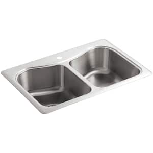 Staccato Drop-In Stainless Steel 33 in. 1-Hole Double Bowl Kitchen Sink with Hardwood Cutting Board