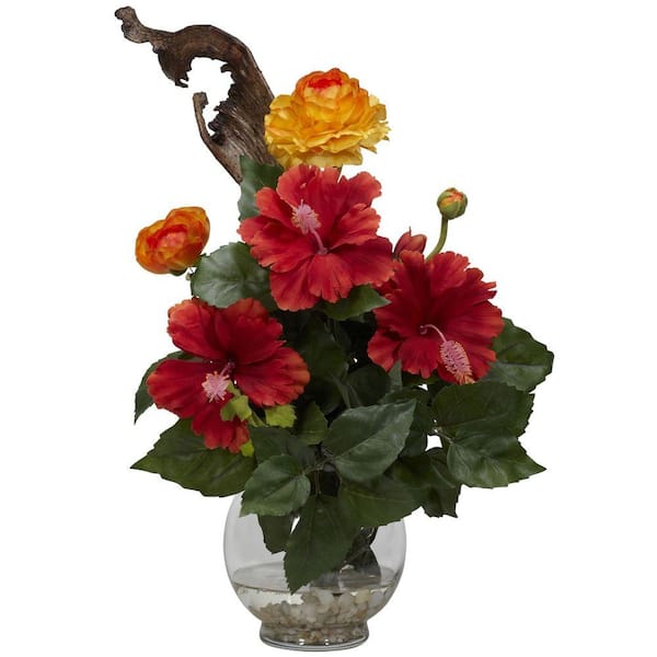 Nearly Natural 16 in. Artificial H Red Hibiscus and Ranunculus with Fluted Bowl Silk Flower Arrangement