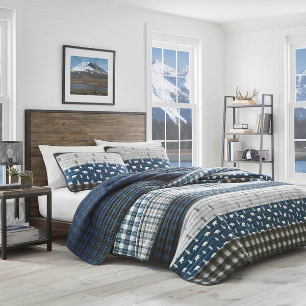 Navy Blue Plaid Cotton King Quilt Set 