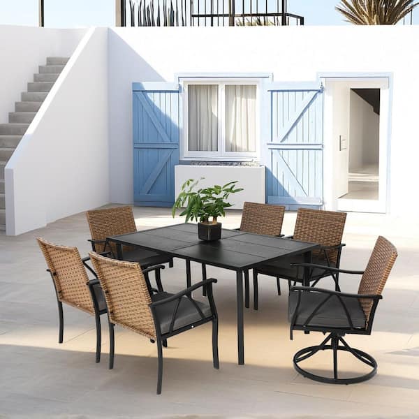 Unbranded 7-Piece Black and Brown Metal Outdoor Dining Set with Gray Cushions, Swivel Rocker Chairs with Dining Table for Patio