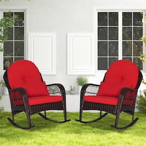 Wicker Outdoor Rocking Chair with Red Seat Back Cushions and Lumbar Pillow Balcony