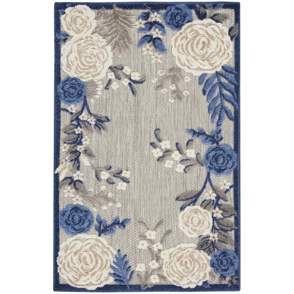 Blue, Gray 3 ft. x 4 ft. Loomed Floral Polypropylene Rectangle Indoor/Outdoor Area Rug