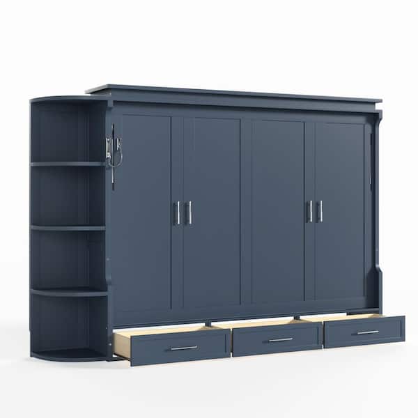 Noble House Bosco Blue Wood Frame Queen Size Murphy Bed with Shelf