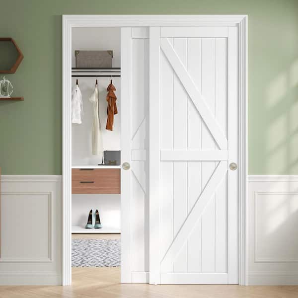 60 in. x 80 in. K Shape Solid Core White Finished MDF Interior Sliding Door with Hardware Kit