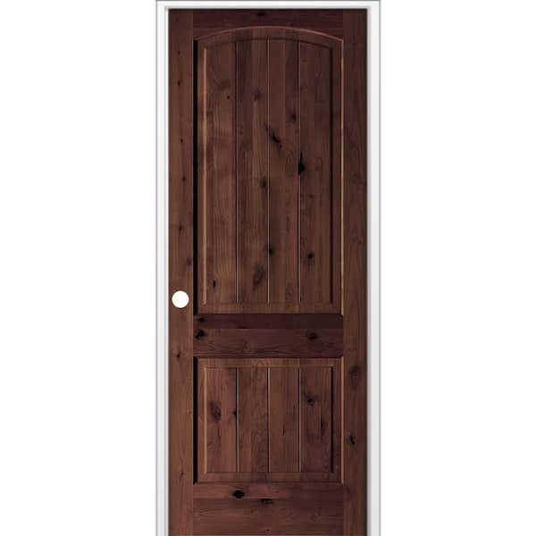 24 in. x 96 in. Rustic 2-Panel Arch Top VG Right-Hand Red Mahogany Stain Knotty Alder Wood Single Prehung Interior Door