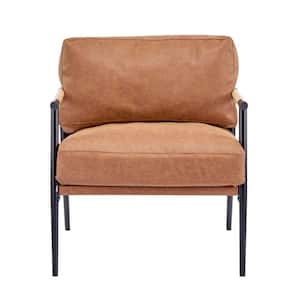 Modern Brown PU Faux Leather Accent Arm Chair with Plush Cushion and Wooden Armrests