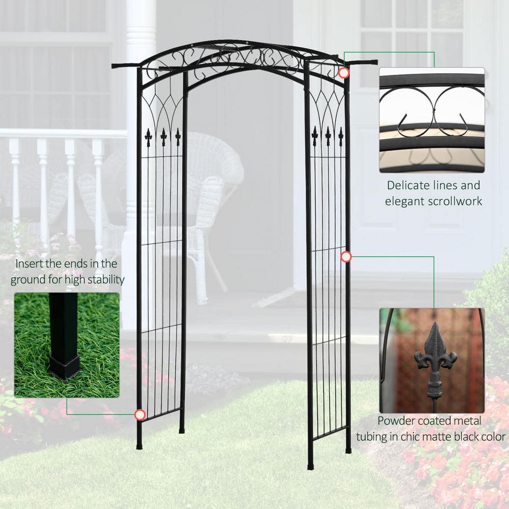 Matte Black Metal Garden Arch Arbor with Scrollwork