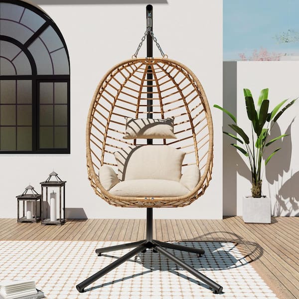 YIYEKE 1-Person Wicker Patio Swing Egg Chair with Stand and Beige Cushion
