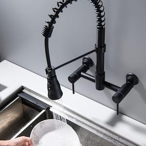 Double Handle Wall Mounted Pull-Down Sprayer Kitchen Faucet with Flexible and Power Clean in Matte Black