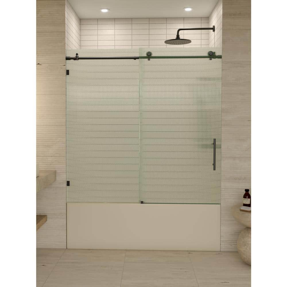 Galaxy 60" Matte Black Frameless Fluted Glass Sliding Bathtub Door