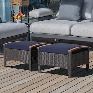 Wicker Outdoor Ottoman Footrest with Navy Cushions Wooden Handle (2-Pack)