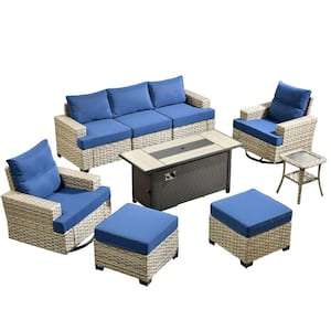 Kelleys 9-Piece Wicker Outdoor Patio Fire Pit Conversation Sofa Furniture Set with Swivel Chairs and Navy Blue Cushions