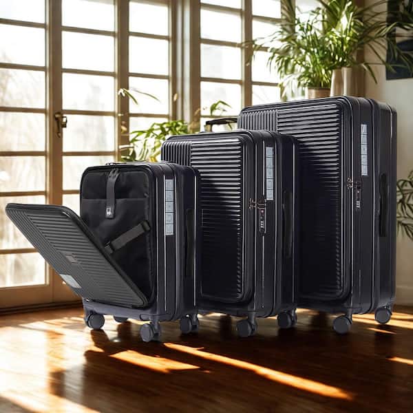 Adrinfly 3-Piece Black Hardshell Luggage Set with Front Opening