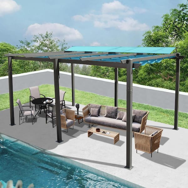 Mondawe 11 ft. x 16 ft. Black Aluminum Frame Outdoor Patio Gazebo with Blue Adjustable Canopy