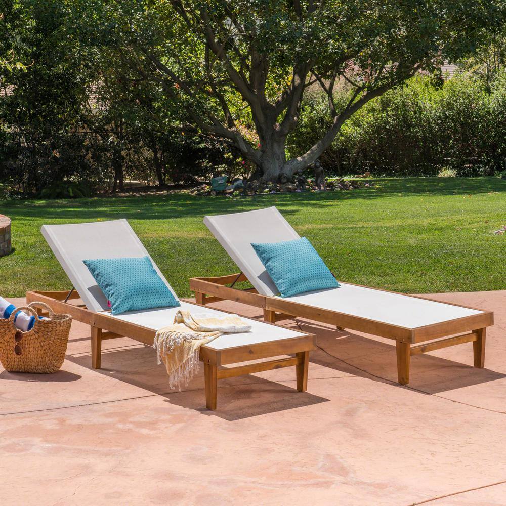Teak and White Mesh Armless Adjustable Outdoor Chaise Lounges, Set of 2