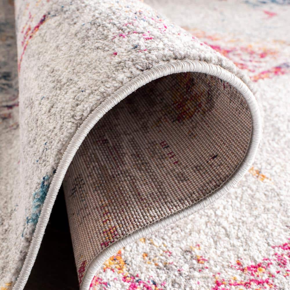 Boho Chic Gray and Multicolor Floral Motif Square Rug