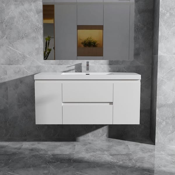 Opvande Alice 48 in. W x 20 in. D x 22 in. H Single Floating Bathroom Vanity in Gloss White with Solid Surface Sink Top in White