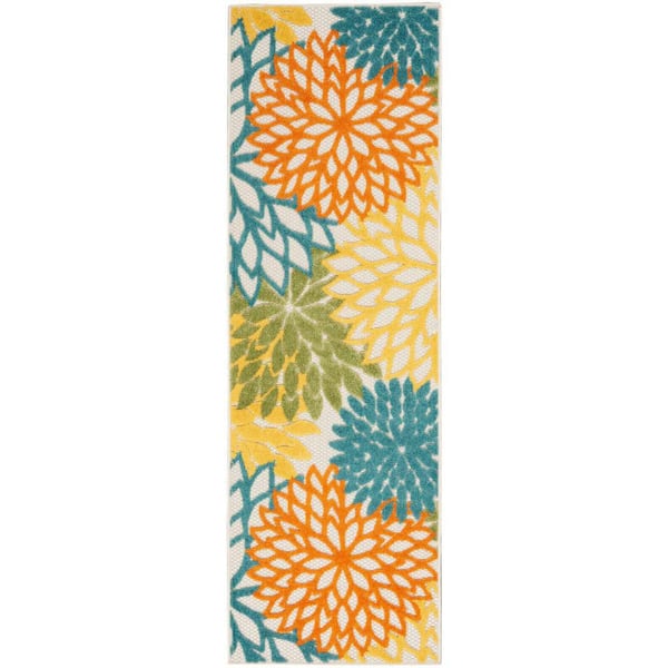 Aloha Turquoise Multicolor 2 ft. x 8 ft. Kitchen Runner Floral Contemporary Indoor/Outdoor Patio Area Rug