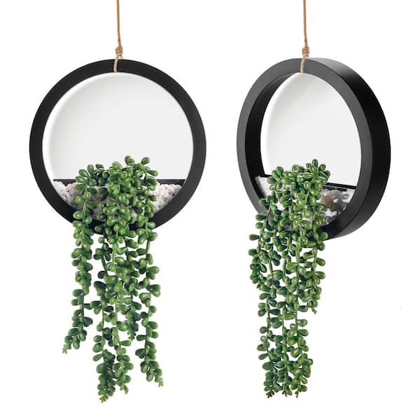 15.3 in. Green Fake Plants Hanging Artificial Succulents Plants in Black Pots, 2 Pack