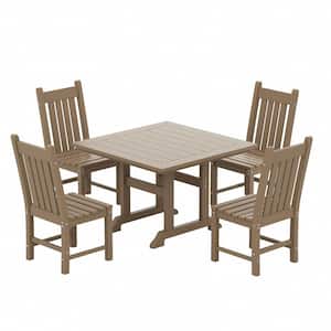 Hayes 5-Piece HDPE Plastic All Weather Outdoor Patio Square Trestle Table Dining Set with Side Chairs in Weathered Wood