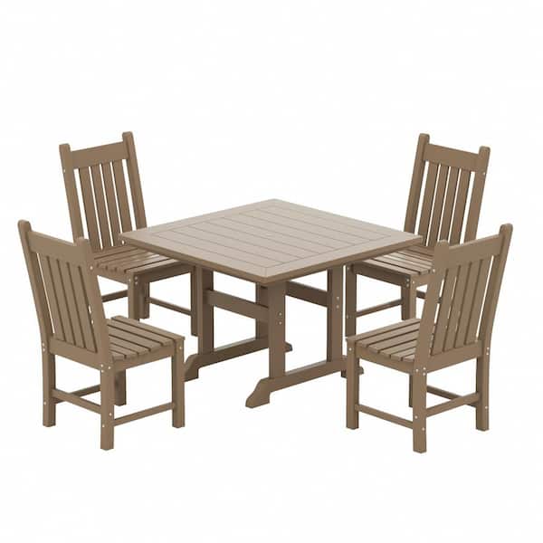 WESTIN OUTDOOR Hayes 5-Piece HDPE Plastic All Weather Outdoor Patio Square Trestle Table Dining Set with Side Chairs in Weathered Wood