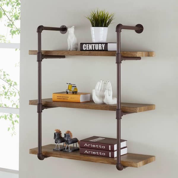 Metal Pipe Floating Wall Shelf, Open Shelving With Black Pipe