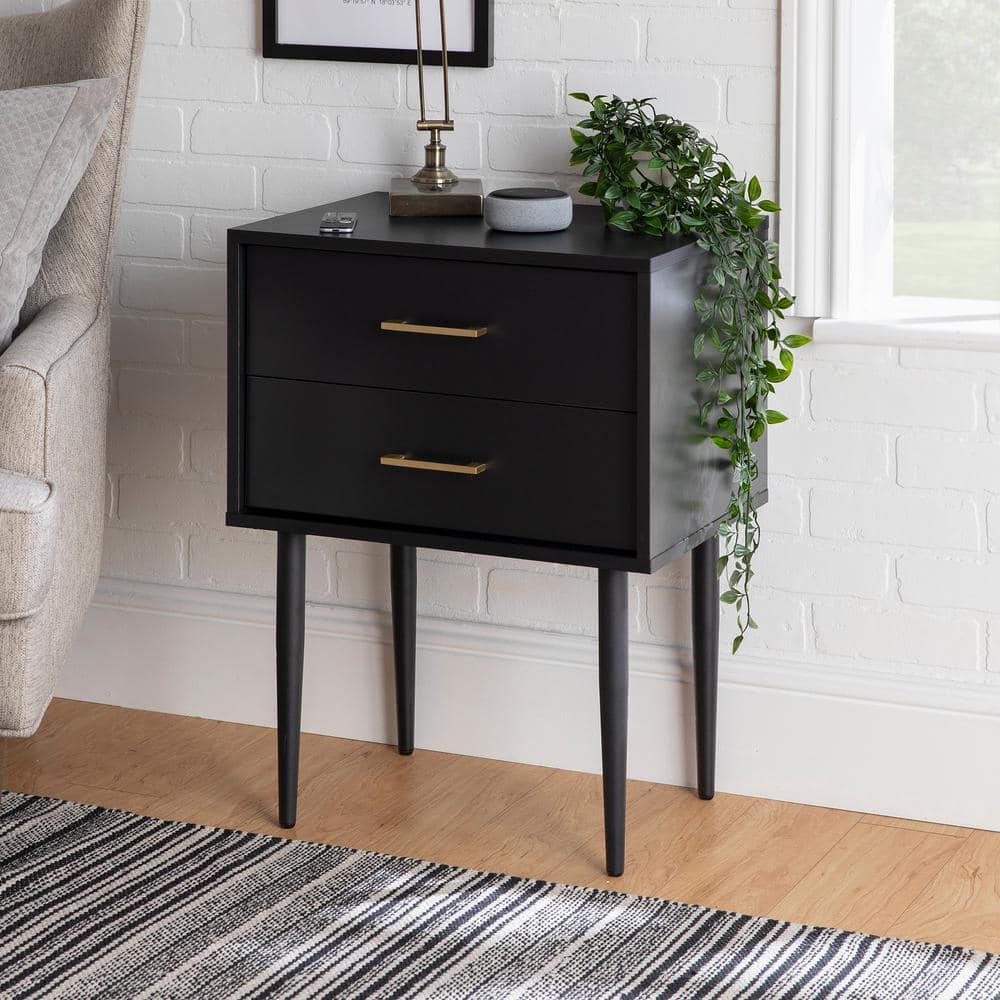Black Wood and Metal 2-Drawer Side Table with Storage