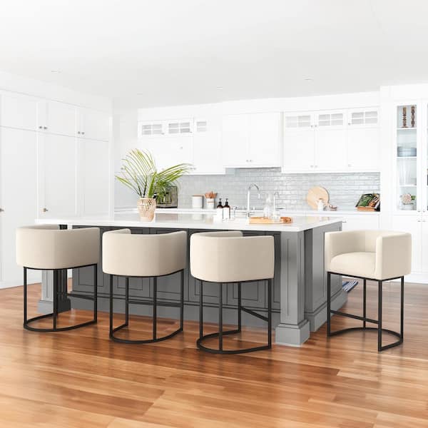 26 in.Cream and Black Low Back Bar Stool with Metal Frame Counter Height Linen Fabric Counter Stool (Set of 3)