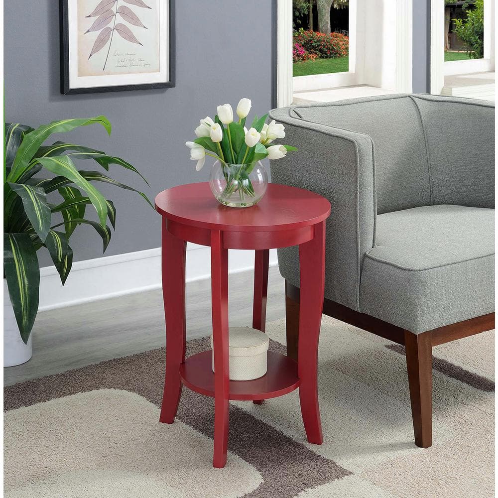 Cranberry Red Round Wooden End Table with Storage Shelf
