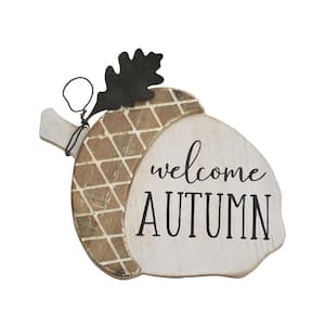 7.25 in. Welcome Autumn Farmhouse Wood Acorn Accent Tabletop Decor with Metal Leaf