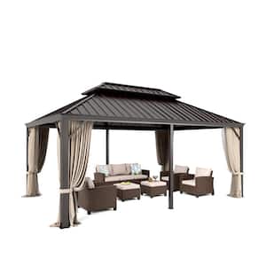 12 ft. x 18 ft. Gakvanized Steel Hardtop Gazebo With Mosquito Net and Privacy Curtain