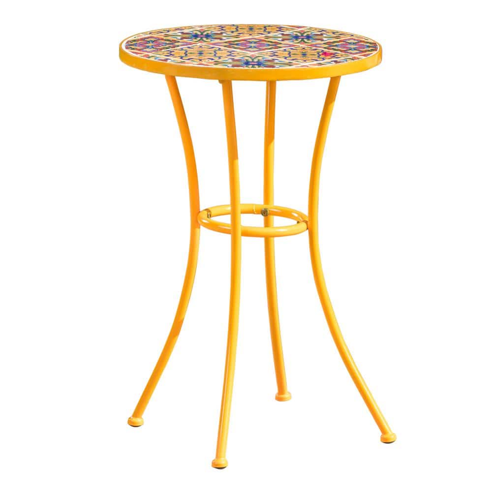 14 in. Outdoor Round Side Table, Ceramic Tile+Iron, Weather-resistant for P