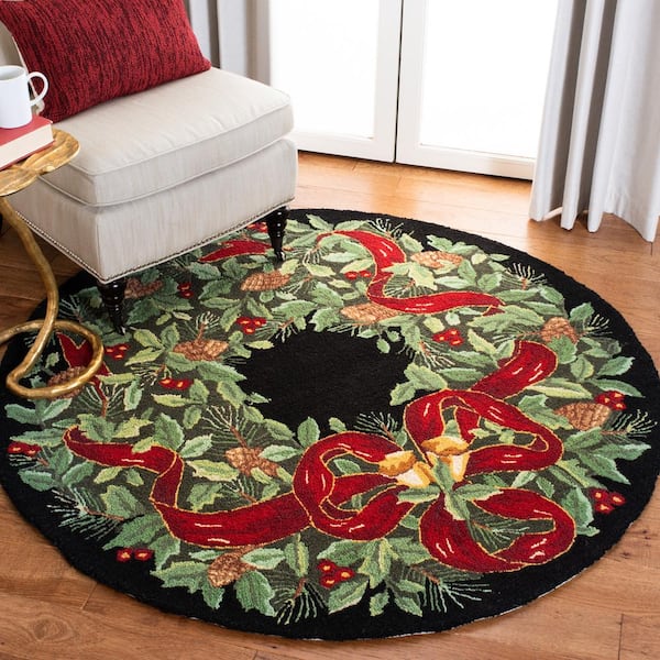 Vintage Posters 2 ft. x 2 ft. Round Black/Green Holiday Wreath Area Rug