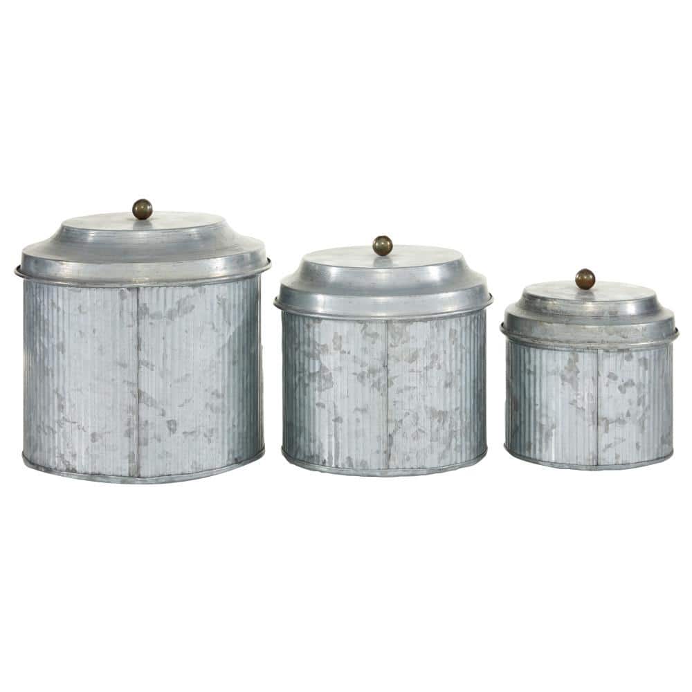Set of 3 Silver Galvanized Iron Decorative Jars