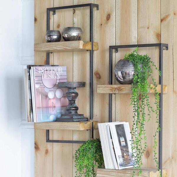 12 in. W x 6 in. D Brown Iron and Wood Floating Shelf with 2