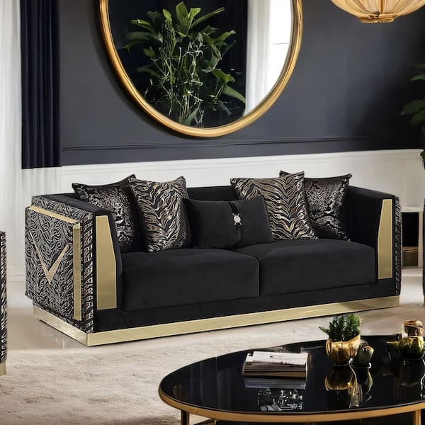 Furniture of America Ulinon 92 in. Track Arms Zebra Print Fabric Sofa in Black Velvet and Gold Trim with Tight Back