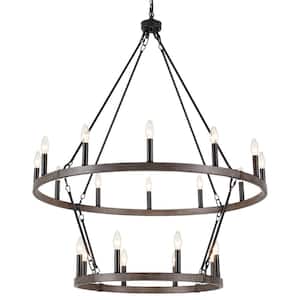 Wiam 40 in. 20 Light Black/Brown 2-Tiers Candle Style Dimmable Farmhouse Wagon Wheel Chandelier for Living Room Foyer