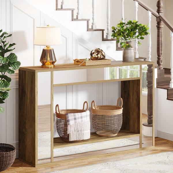 BYBLIGHT Turrella 47 in. Silver Rectangle MDF Console Table with Storage, Mirror Accent Table for Living Room, Entrance, Hallway