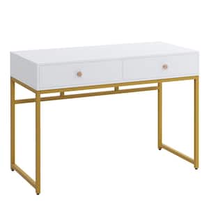 Moronia 47 in. Rectangular White Particleboard 2 Drawer Computer Desk with Gold Legs