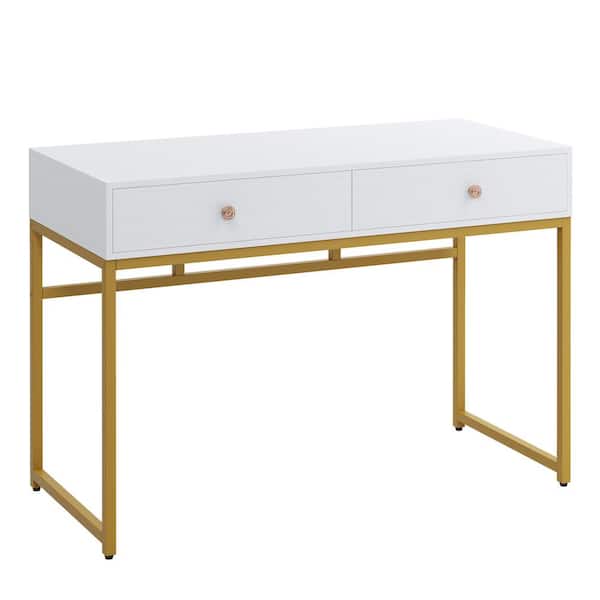 BYBLIGHT Moronia 47 in. Rectangular White Particleboard 2 Drawer Computer Desk with Gold Legs