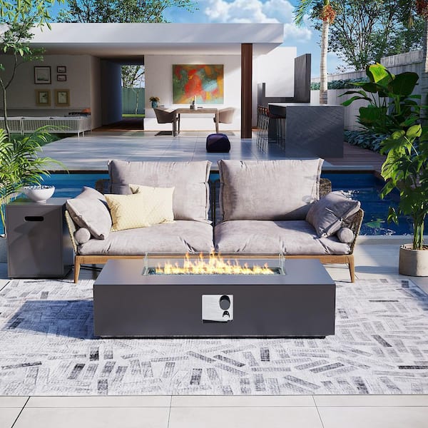 56 in. Rectangular Iron Outdoor Dark Gray Fire Pit Table with Propane Tank Holder and Glass Wind Guard