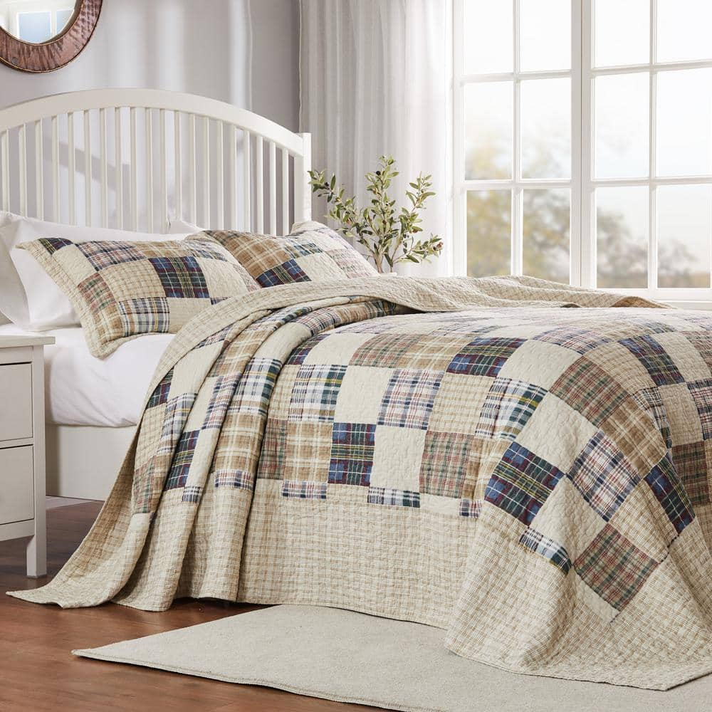 Greenland Home Fashions Oxford 3-Piece Taupe Plaid Cotton Blend King ...