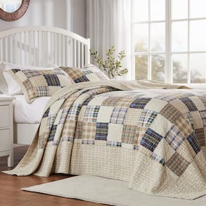 Oxford 3-Piece Taupe Plaid Cotton Blend King/Cal King Jumbo Quilt Set