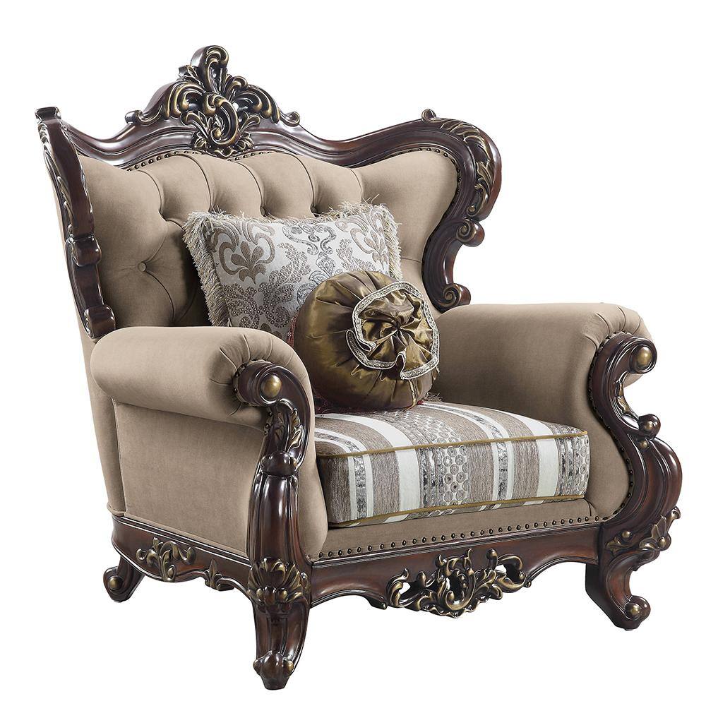 Light Brown Linen and Cherry Wood Floral Accent Chair
